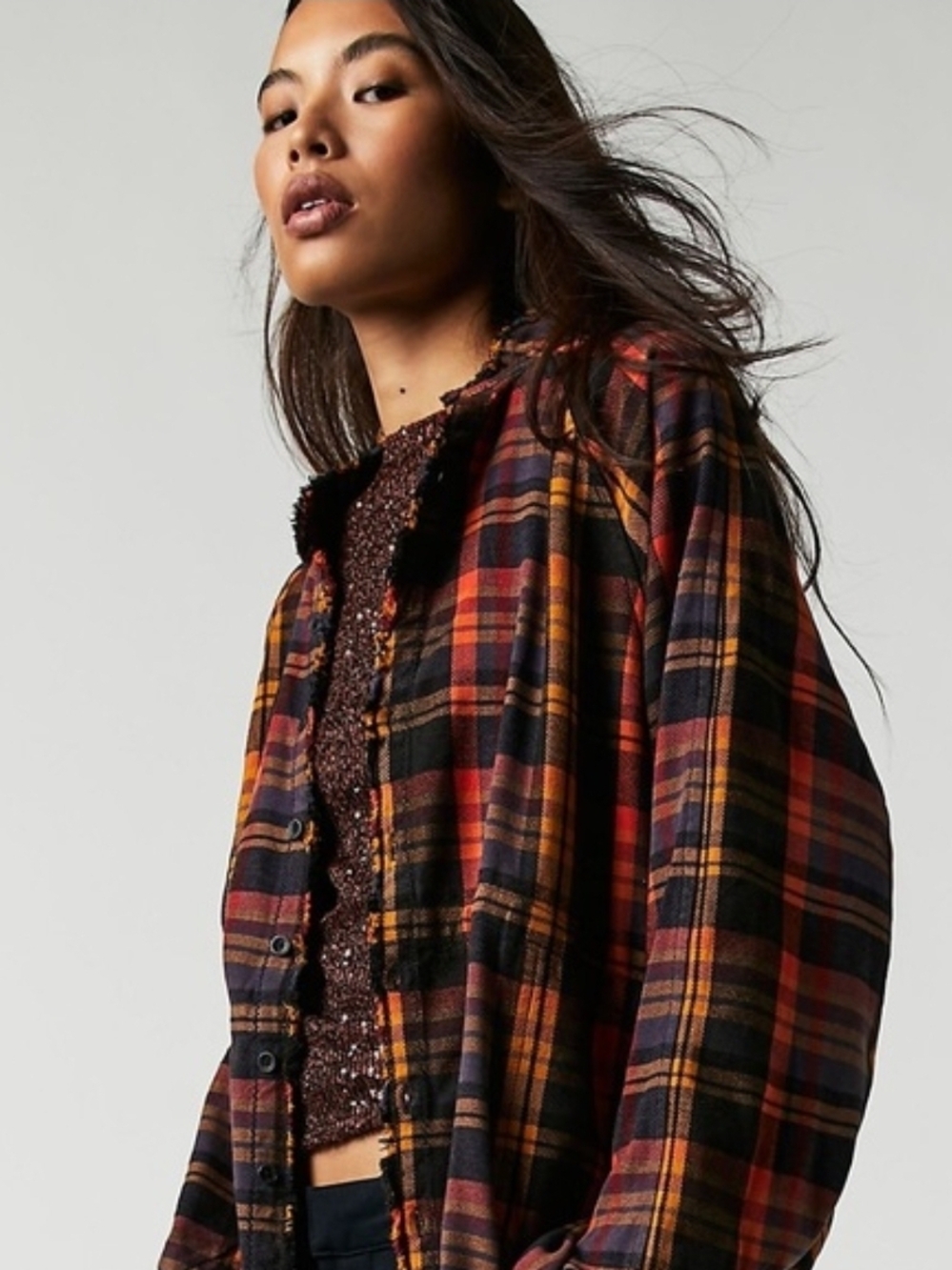 We The Free People Summer Daydream Plaid Oversized Flannel Shirt In Grunge - Picture 6 of 16